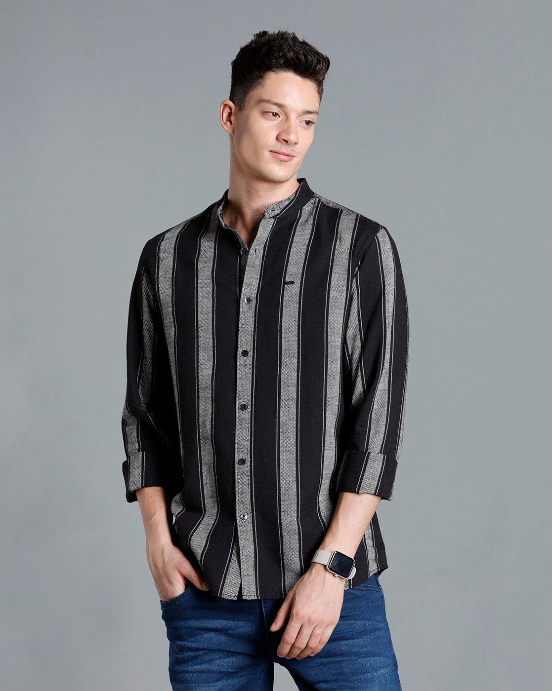 IDENTITI Men Slim Fit Mandarin Collar Striped Shirt In Black