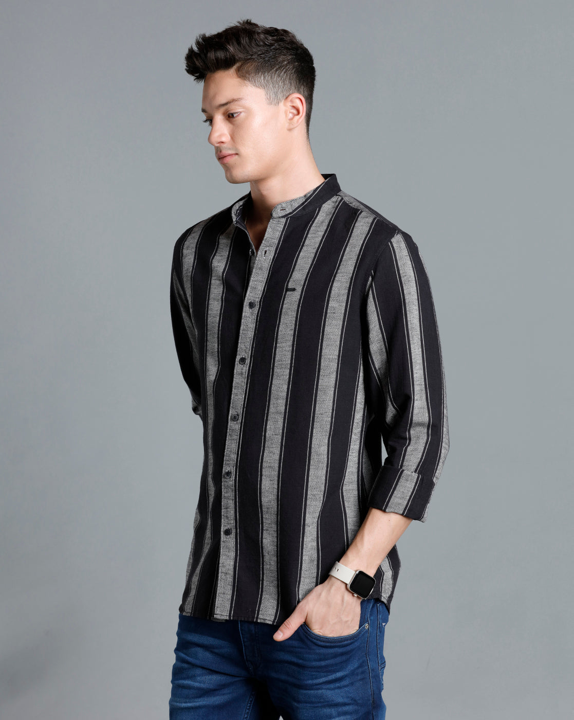 IDENTITI Men Slim Fit Mandarin Collar Striped Shirt In Black