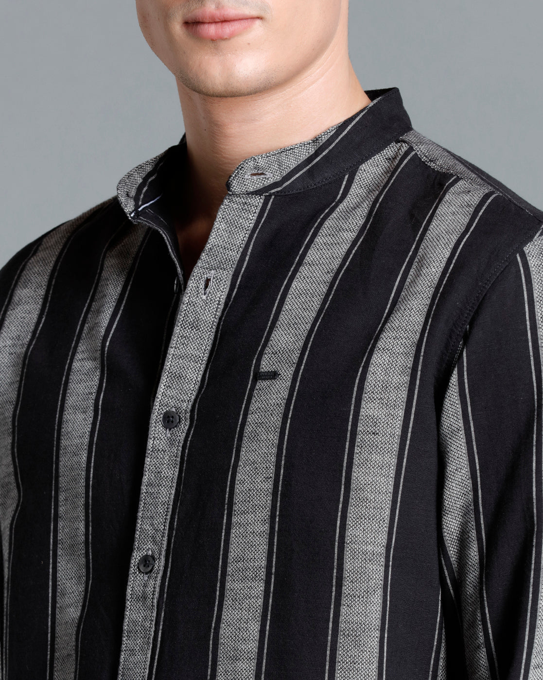 IDENTITI Men Slim Fit Mandarin Collar Striped Shirt In Black