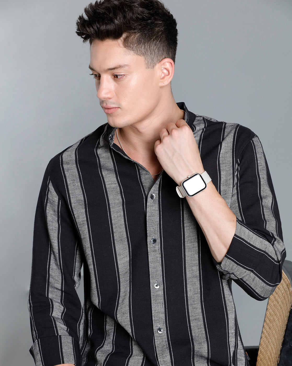 IDENTITI Men Slim Fit Mandarin Collar Striped Shirt In Black