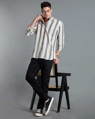 IDENTITI Men Slim Fit Mandarin Collar Striped Shirt In Beige