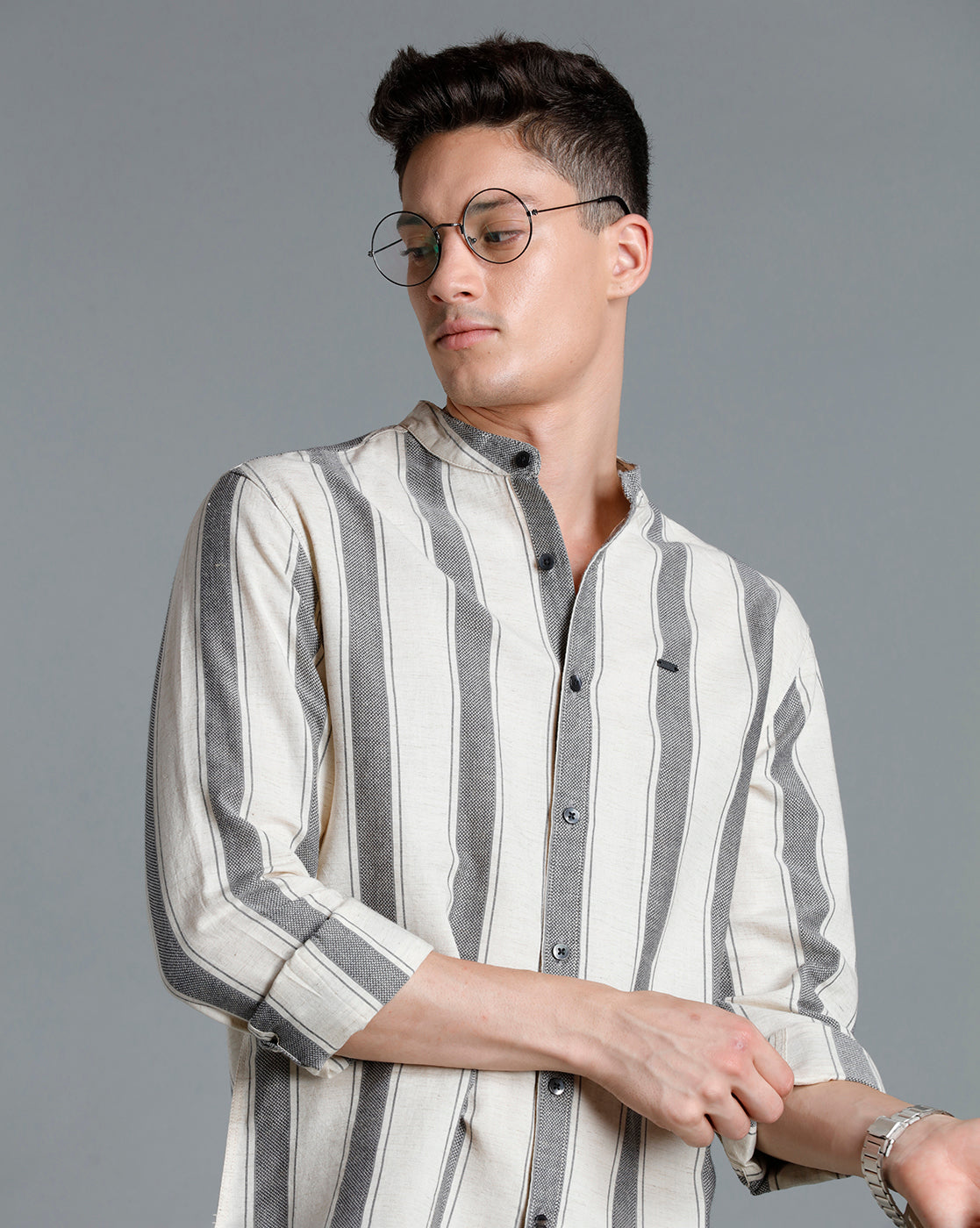 IDENTITI Men Slim Fit Mandarin Collar Striped Shirt In Beige