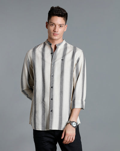 IDENTITI Men Slim Fit Mandarin Collar Striped Shirt In Beige