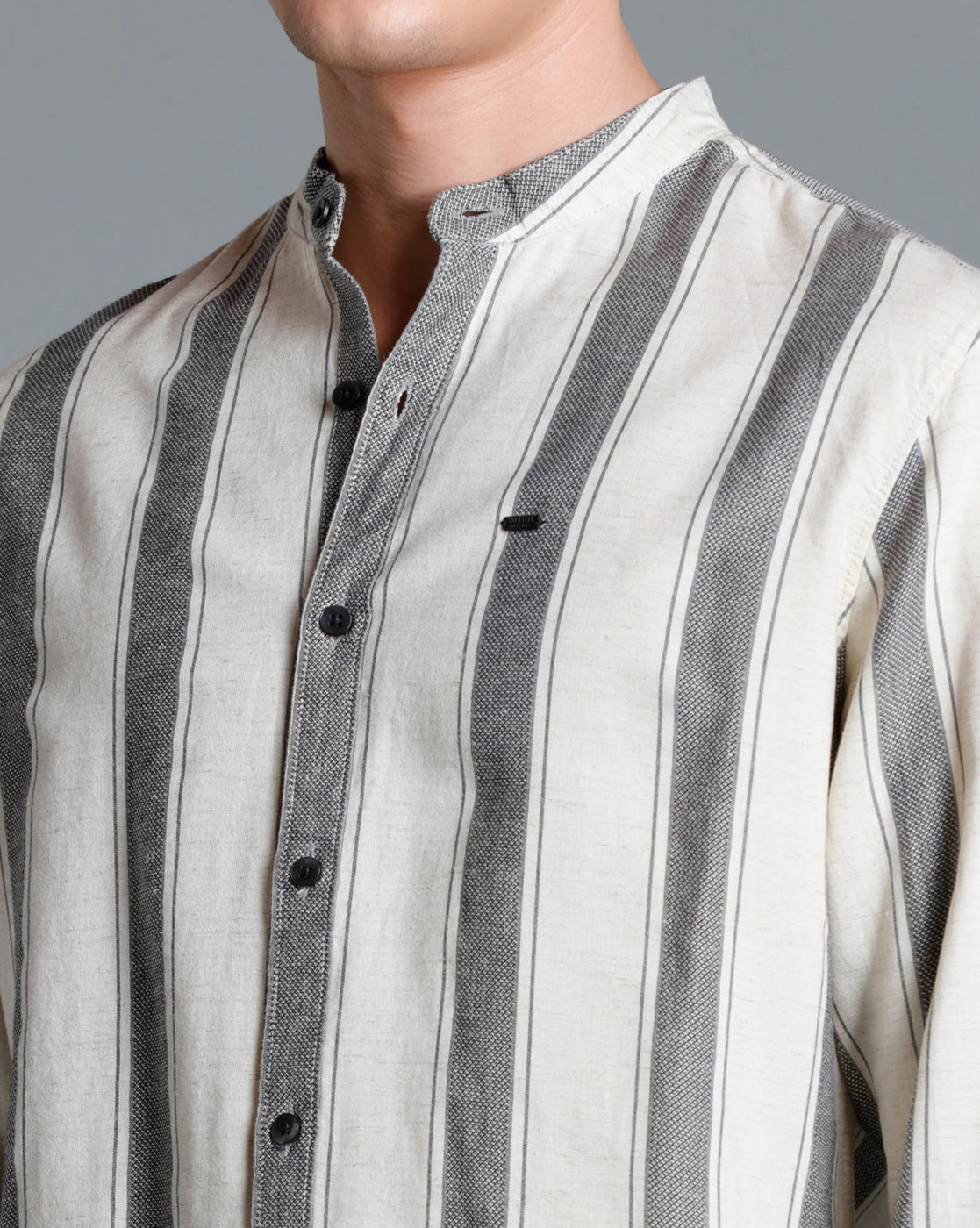 IDENTITI Men Slim Fit Mandarin Collar Striped Shirt In Beige