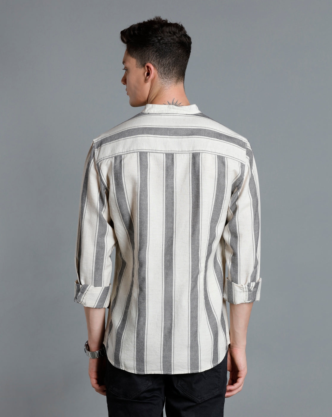 IDENTITI Men Slim Fit Mandarin Collar Striped Shirt In Beige