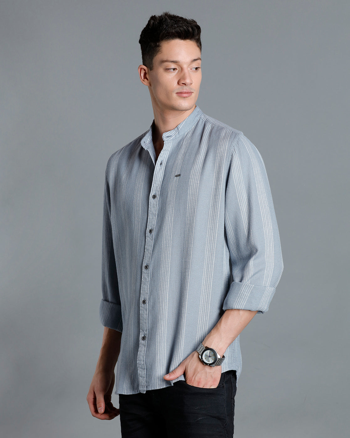 IDENTITI Men Slim Fit Mandarin Collar Striped Shirt In Grey
