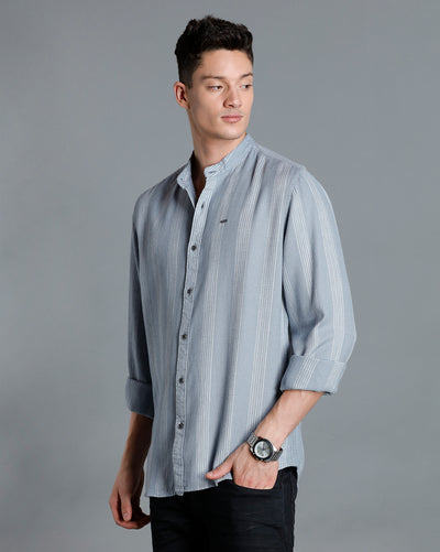 IDENTITI Men Slim Fit Mandarin Collar Striped Shirt In Grey