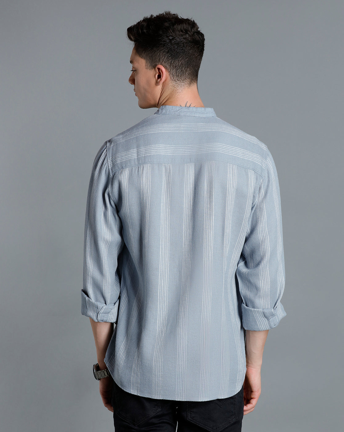 IDENTITI Men Slim Fit Mandarin Collar Striped Shirt In Grey