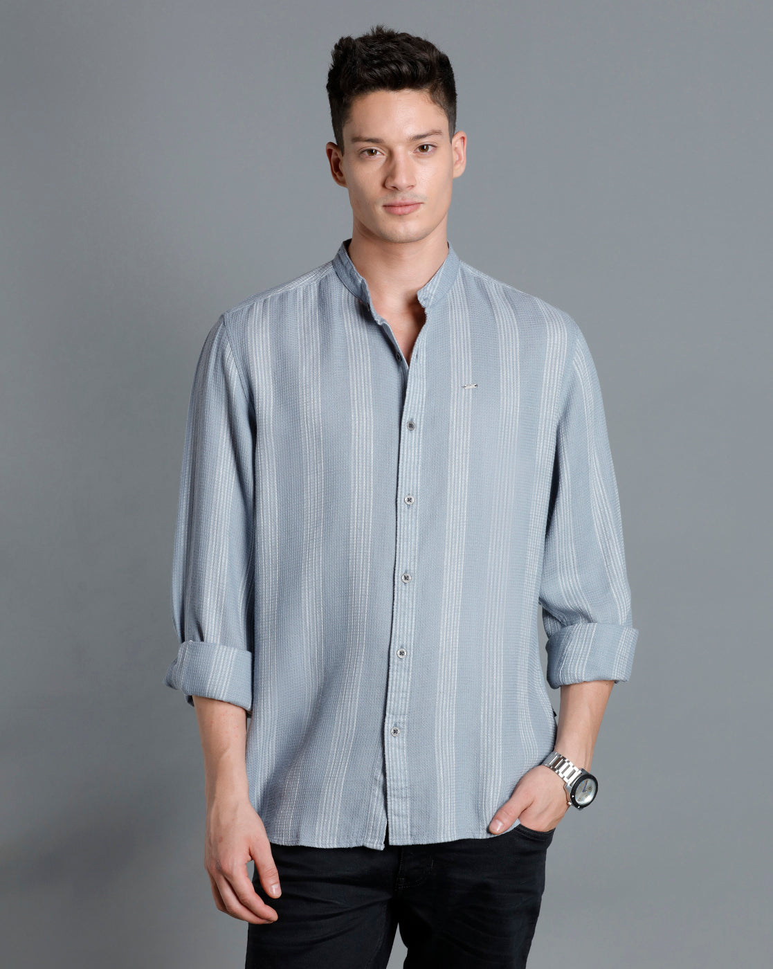 IDENTITI Men Slim Fit Mandarin Collar Striped Shirt In Grey