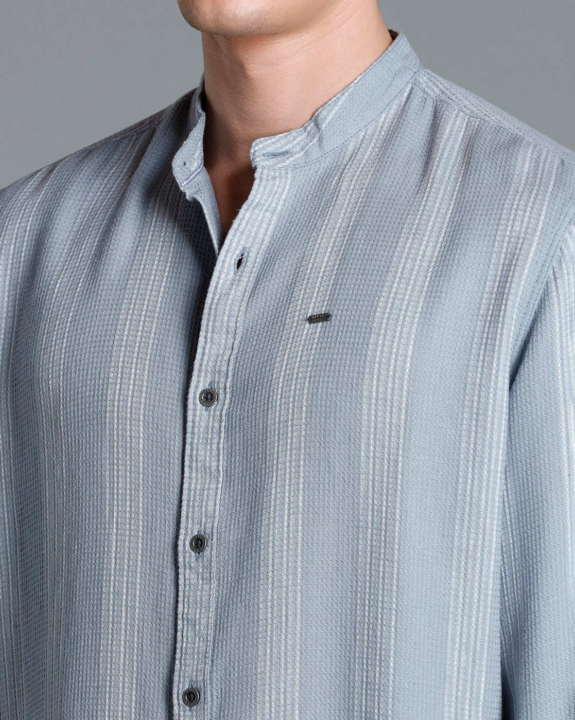 IDENTITI Men Slim Fit Mandarin Collar Striped Shirt In Grey