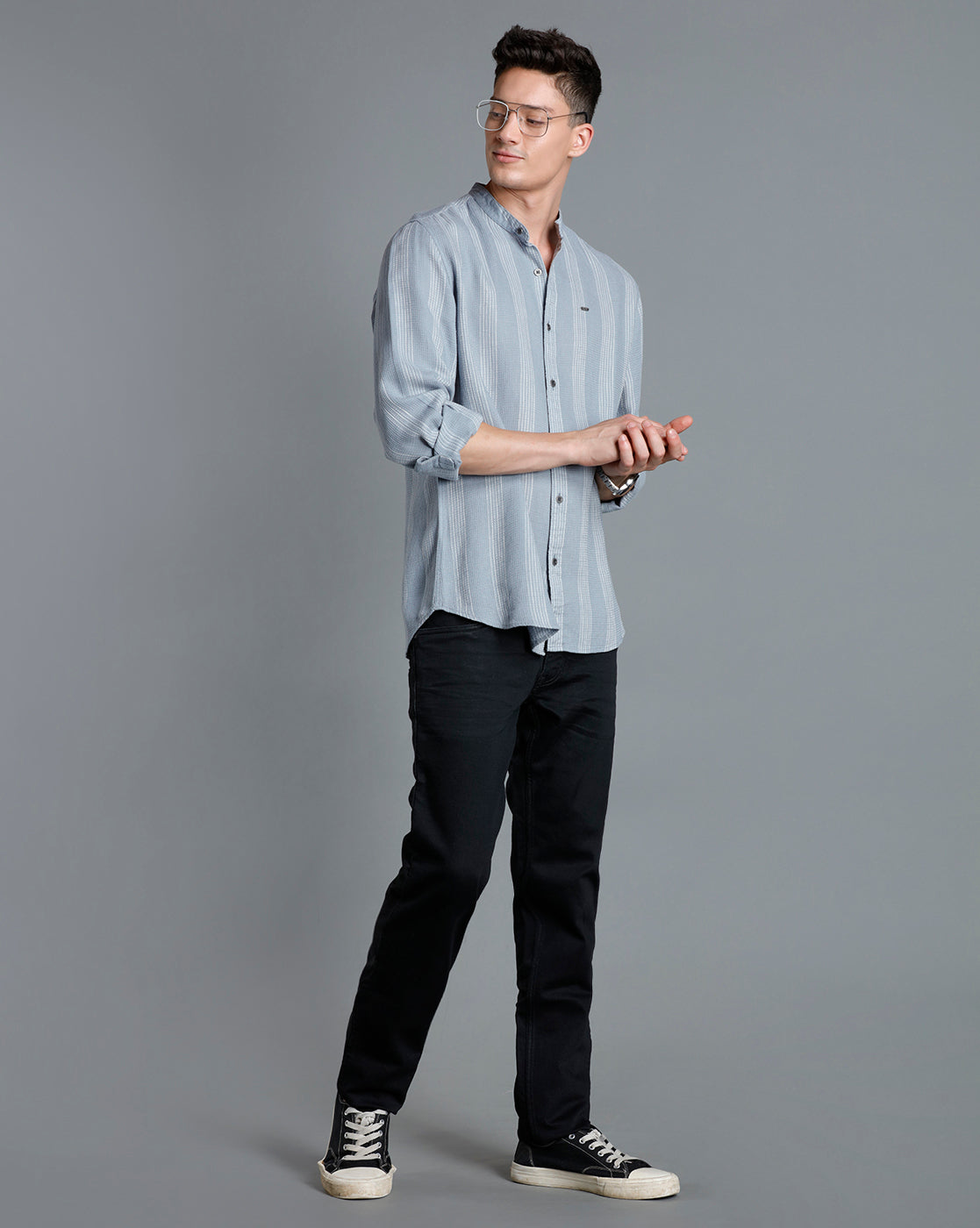 IDENTITI Men Slim Fit Mandarin Collar Striped Shirt In Grey