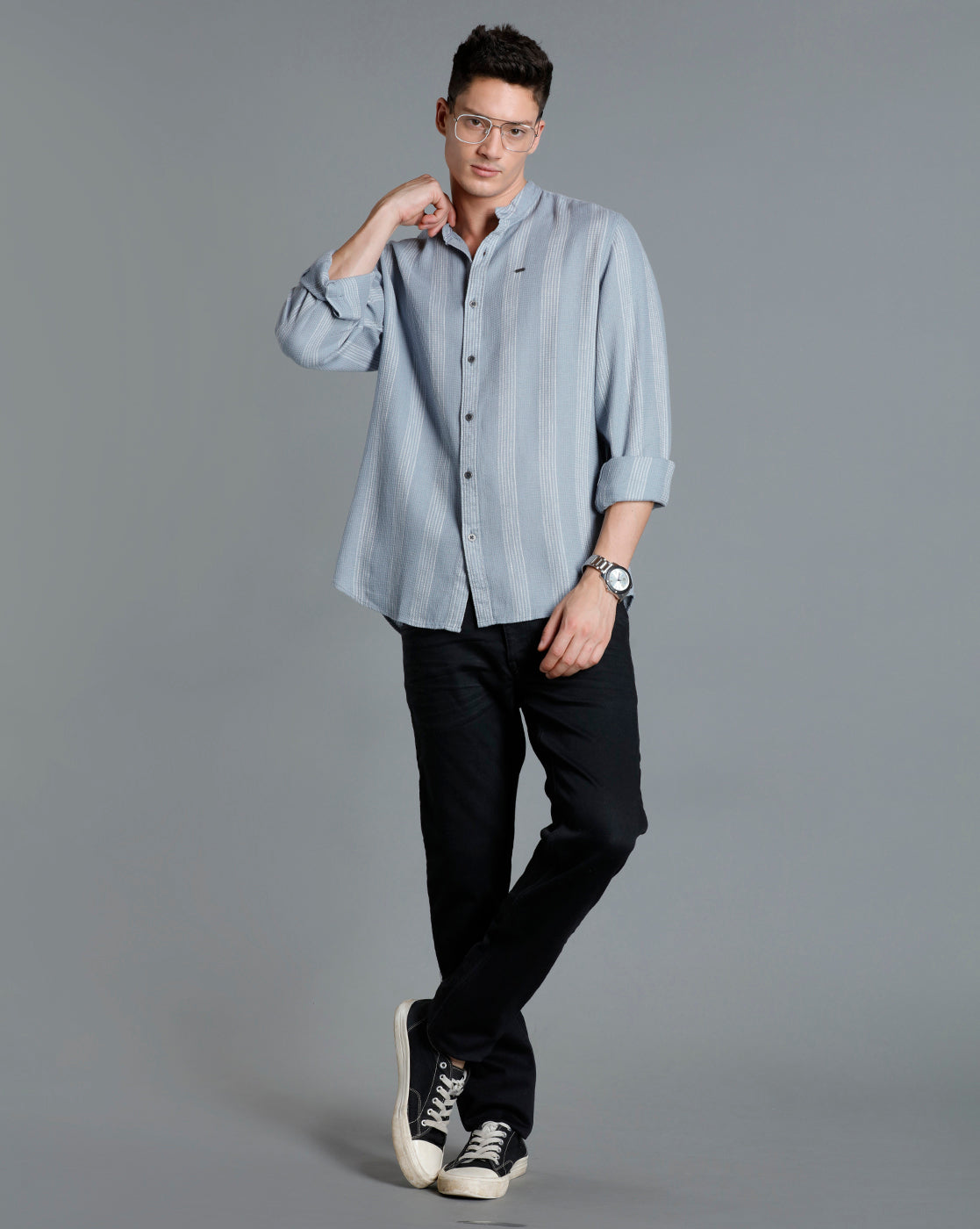 IDENTITI Men Slim Fit Mandarin Collar Striped Shirt In Grey