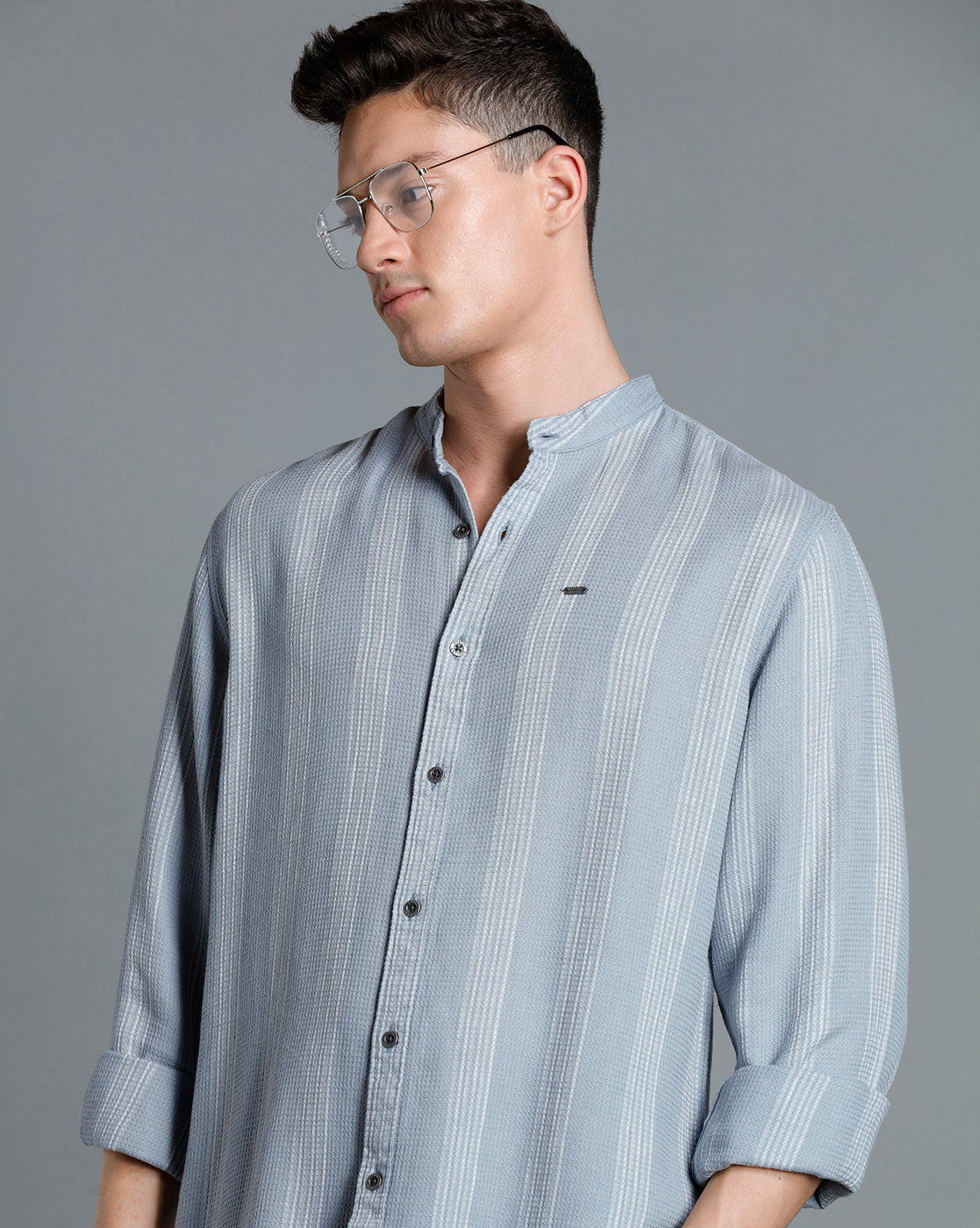 IDENTITI Men Slim Fit Mandarin Collar Striped Shirt In Grey