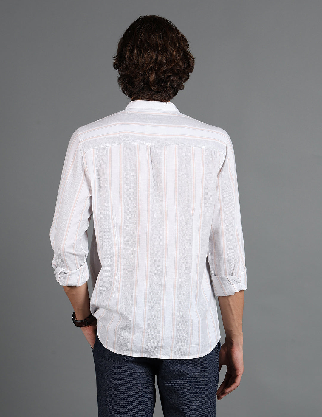 IDENTITI Men Slim Fit Mandarin Collar Striped Shirt In Grey.