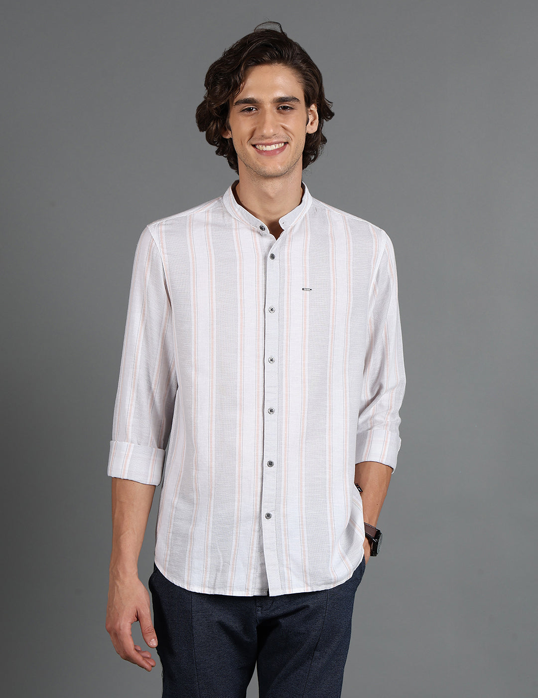 IDENTITI Men Slim Fit Mandarin Collar Striped Shirt In Grey.