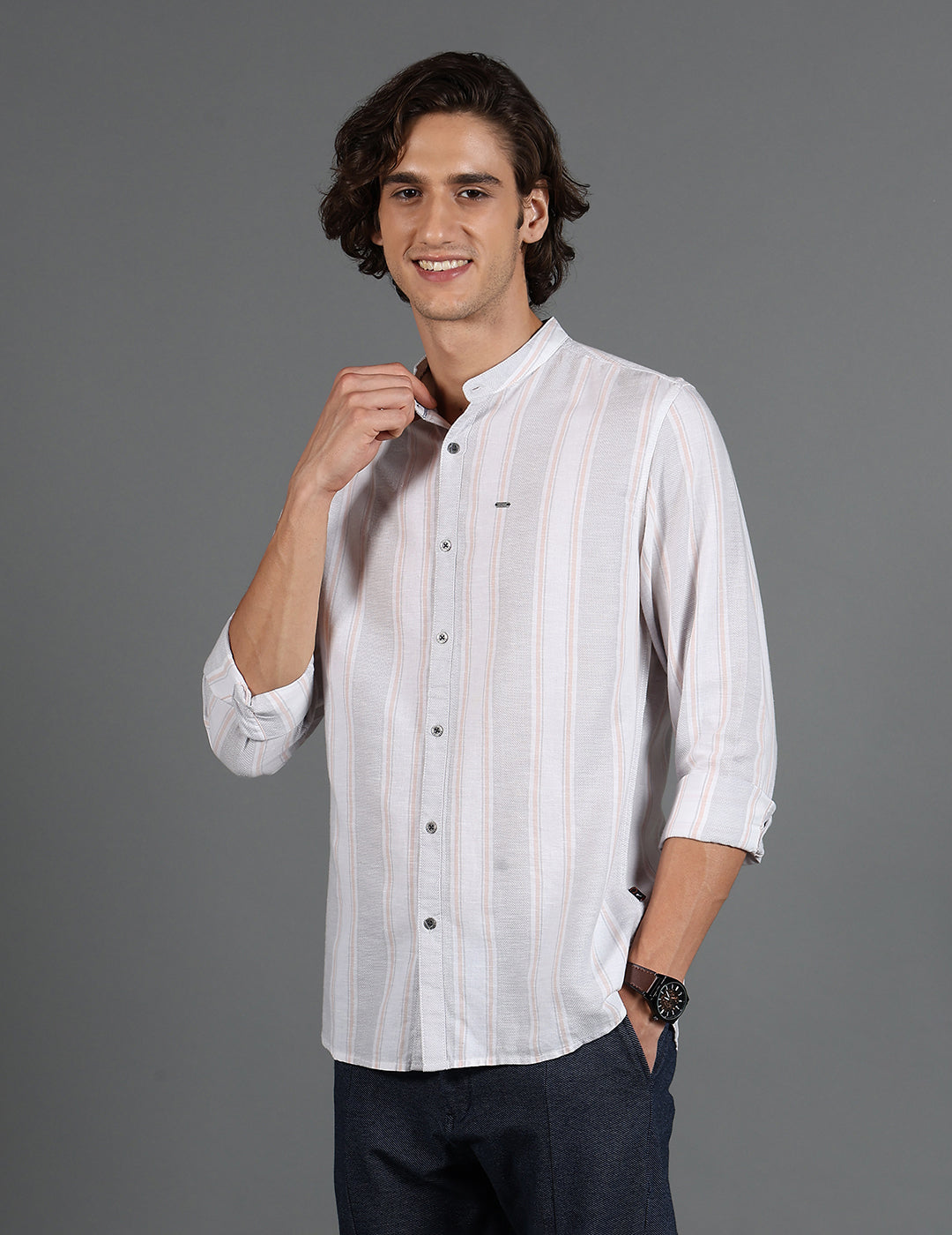 IDENTITI Men Slim Fit Mandarin Collar Striped Shirt In Grey.