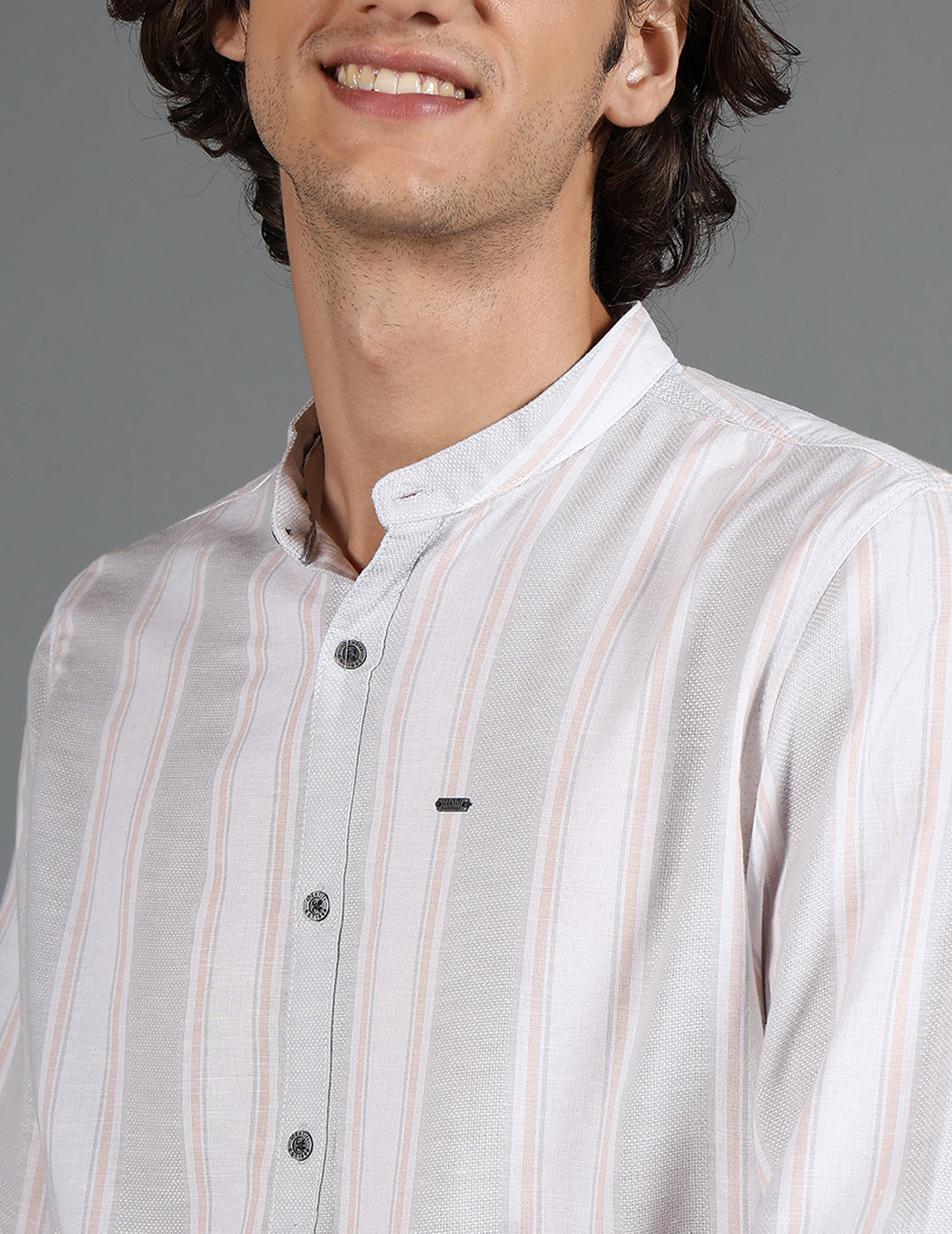 IDENTITI Men Slim Fit Mandarin Collar Striped Shirt In Grey.