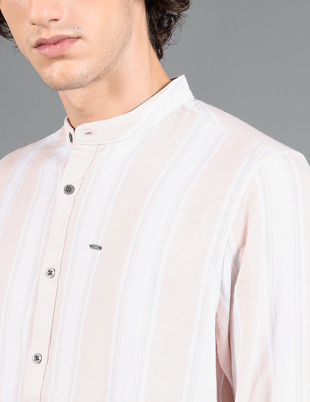 IDENTITI Men Slim Fit Mandarin Collar Striped Shirt In Peach.