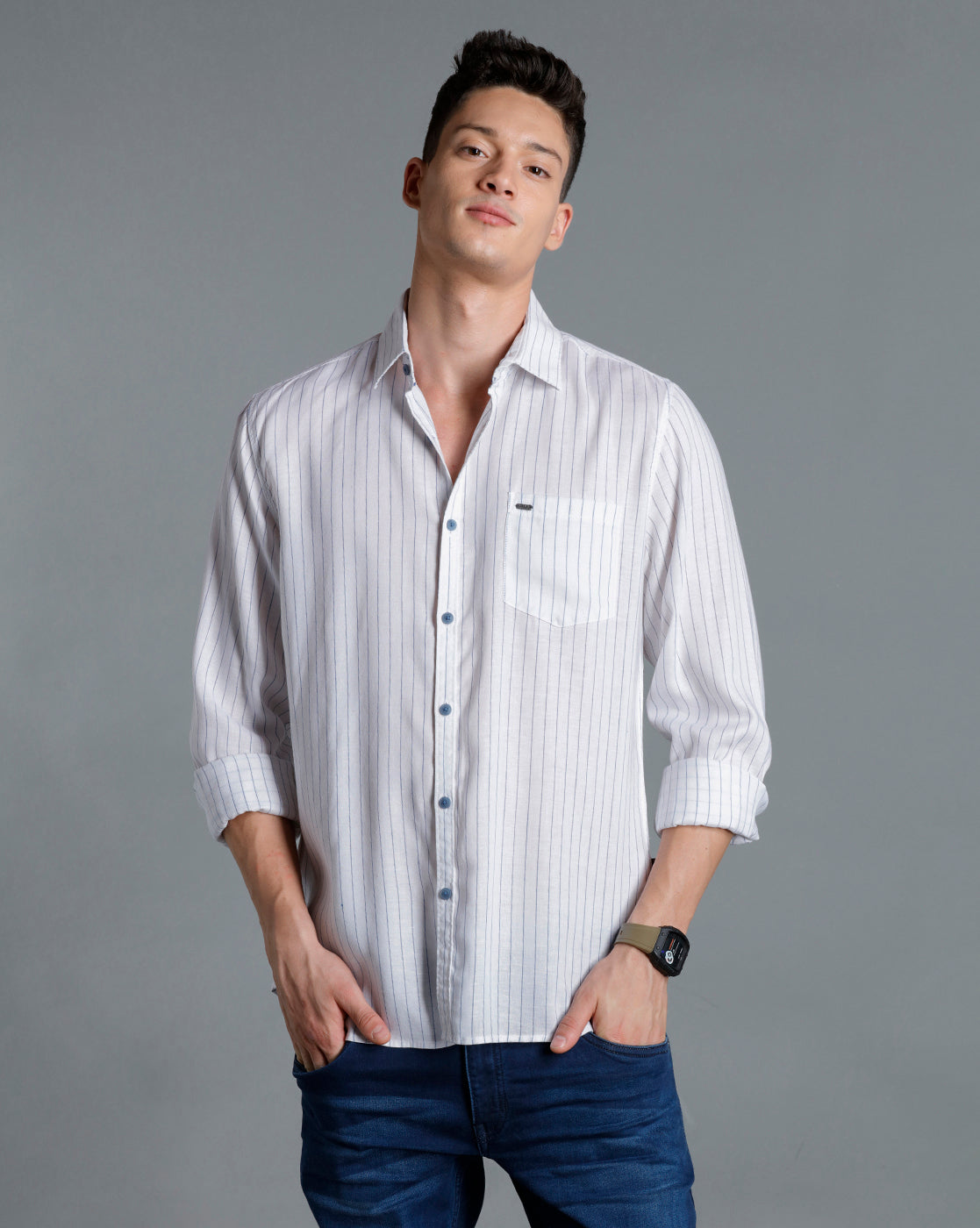 IDENTITI Men Slim Fit Regular Collar Striped Shirt In Blue