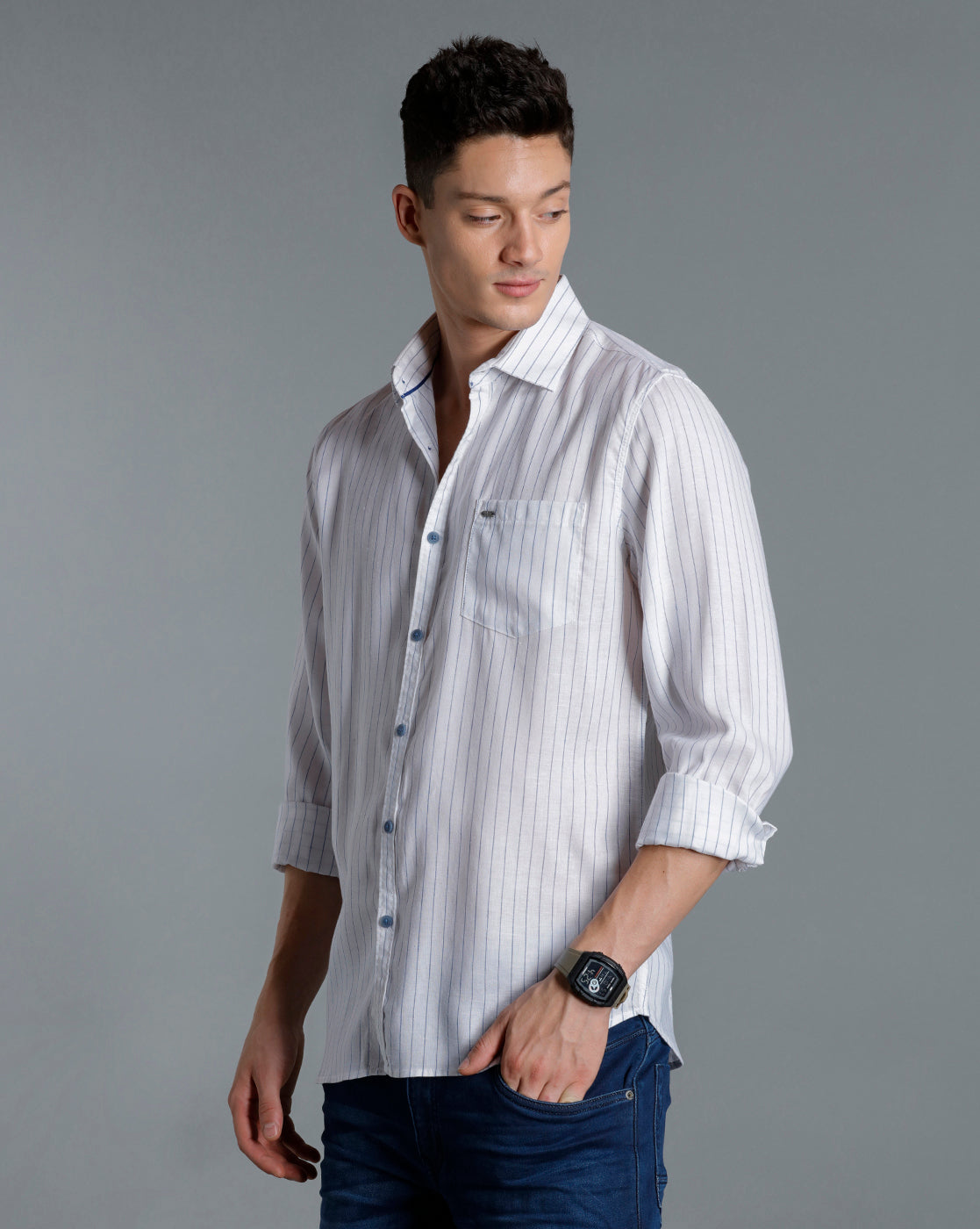 IDENTITI Men Slim Fit Regular Collar Striped Shirt In Blue