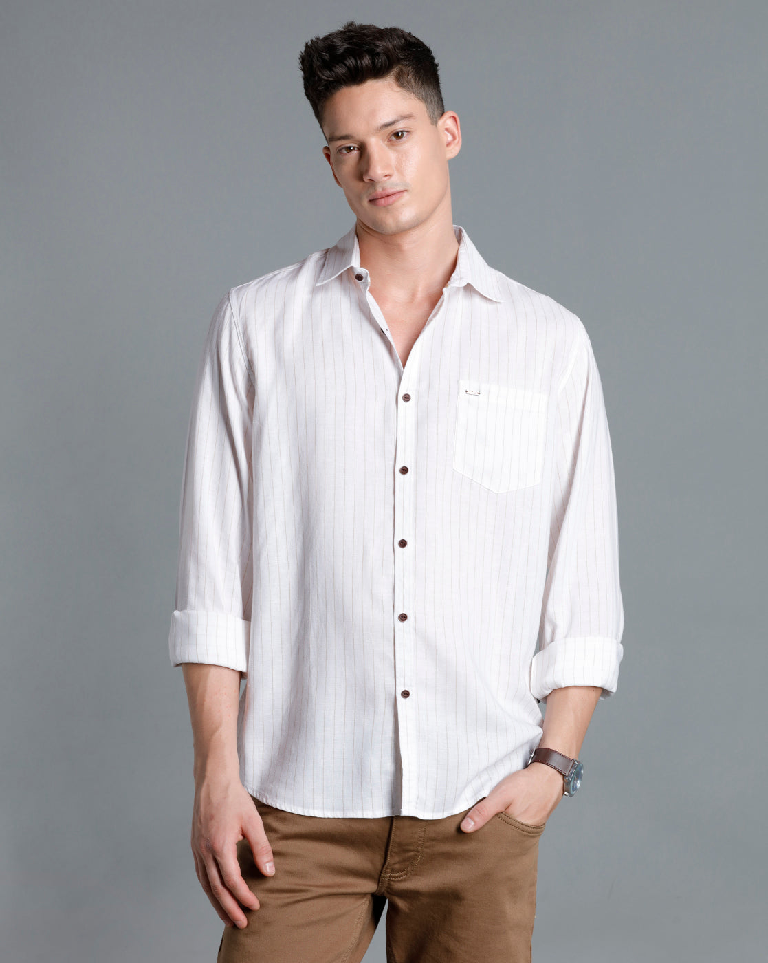 IDENTITI Men Slim Fit Regular Collar Striped Shirt In Beige