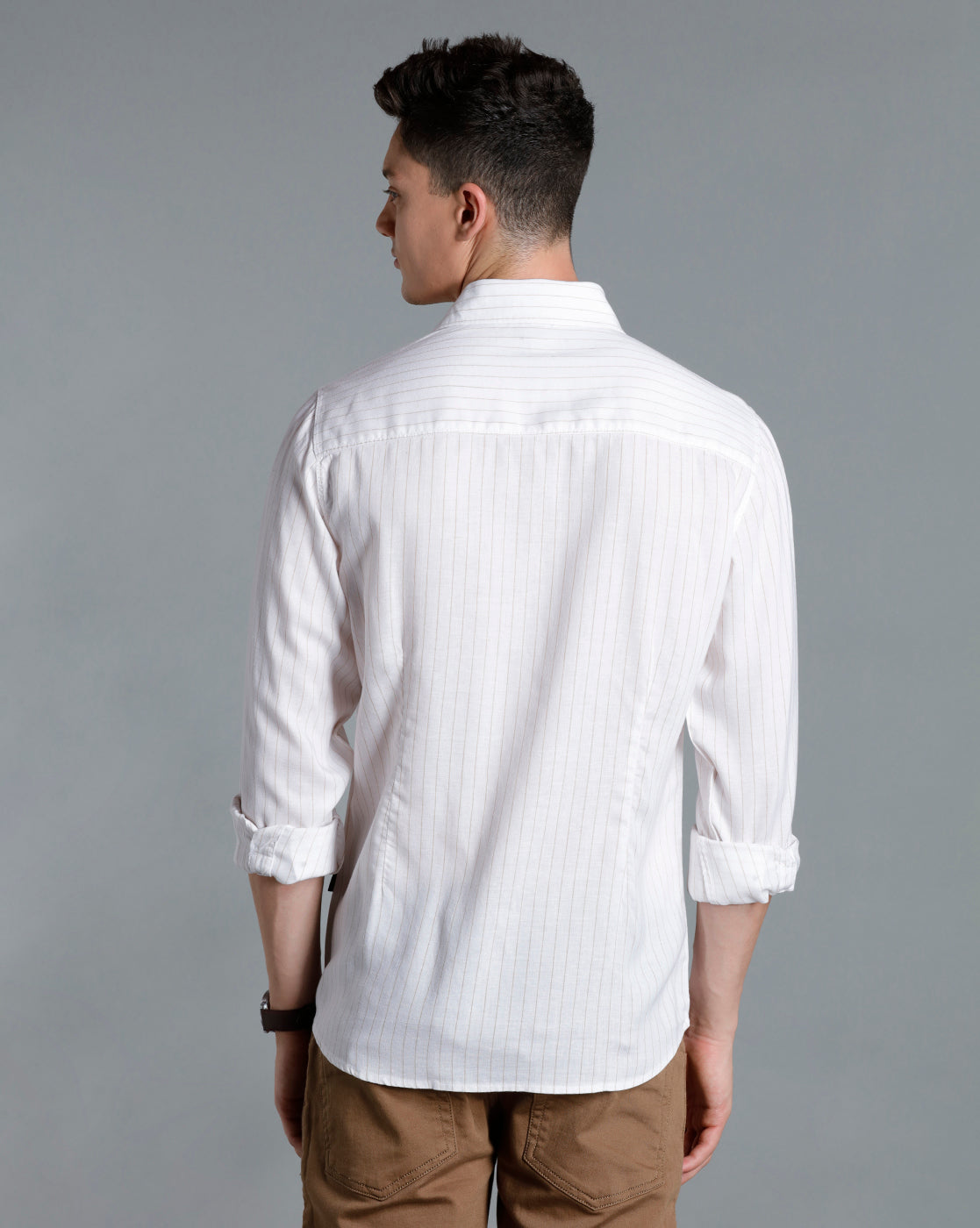IDENTITI Men Slim Fit Regular Collar Striped Shirt In Beige