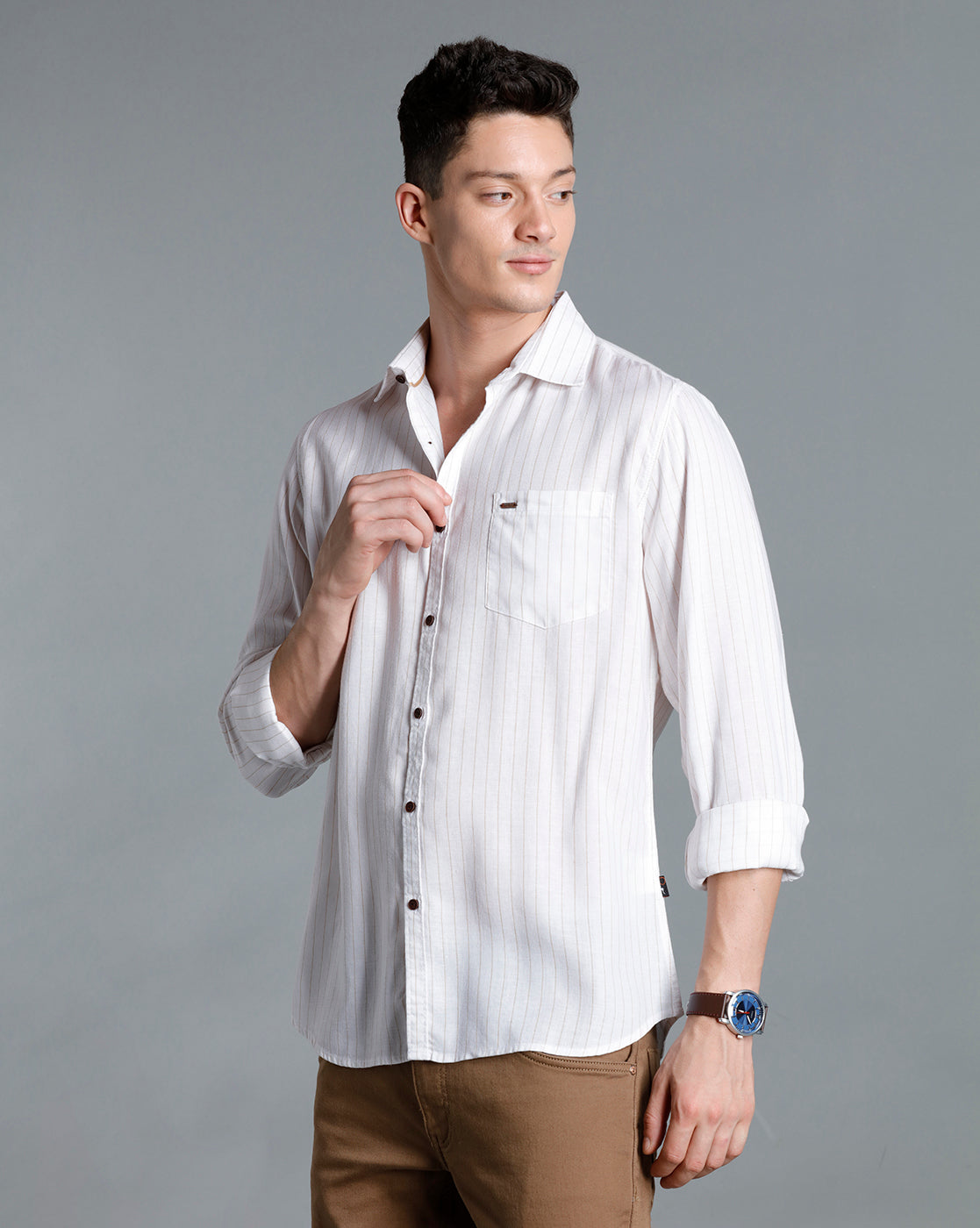 IDENTITI Men Slim Fit Regular Collar Striped Shirt In Beige