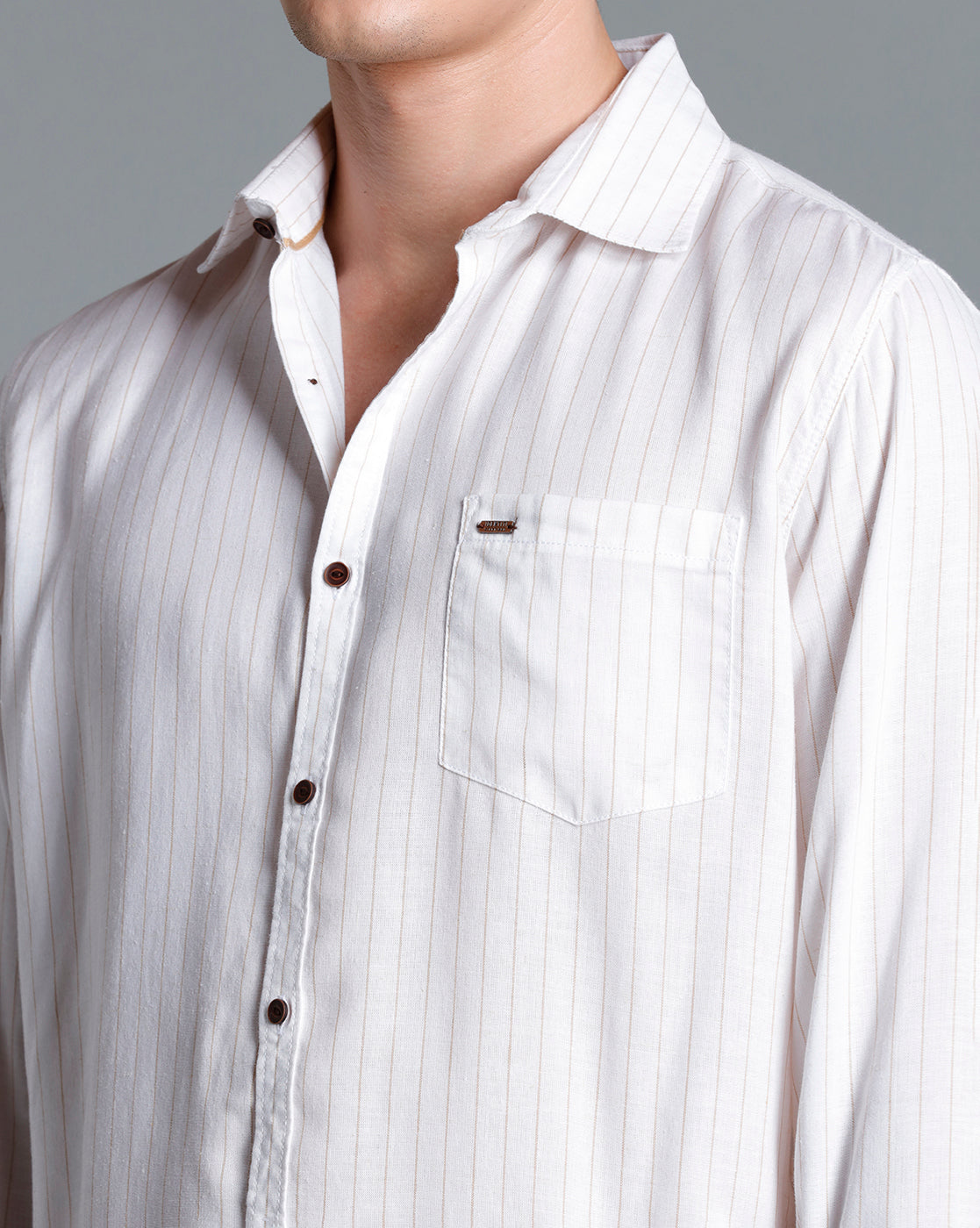 IDENTITI Men Slim Fit Regular Collar Striped Shirt In Beige