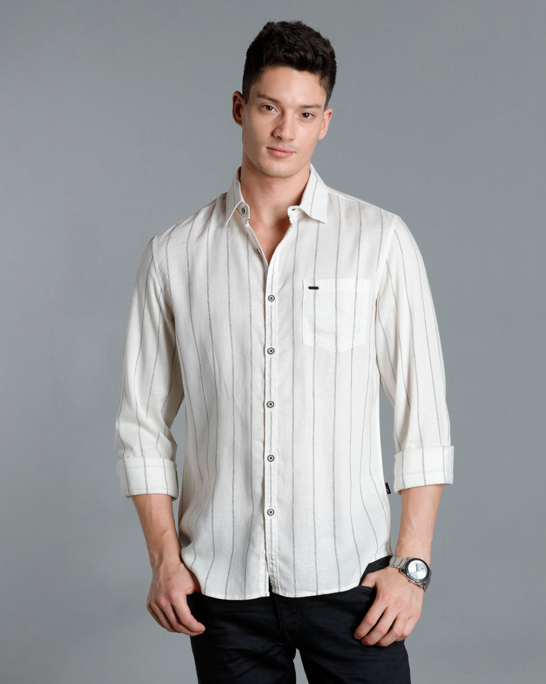 IDENTITI Men Slim Fit Regular Collar Striped Shirt In Offwhite