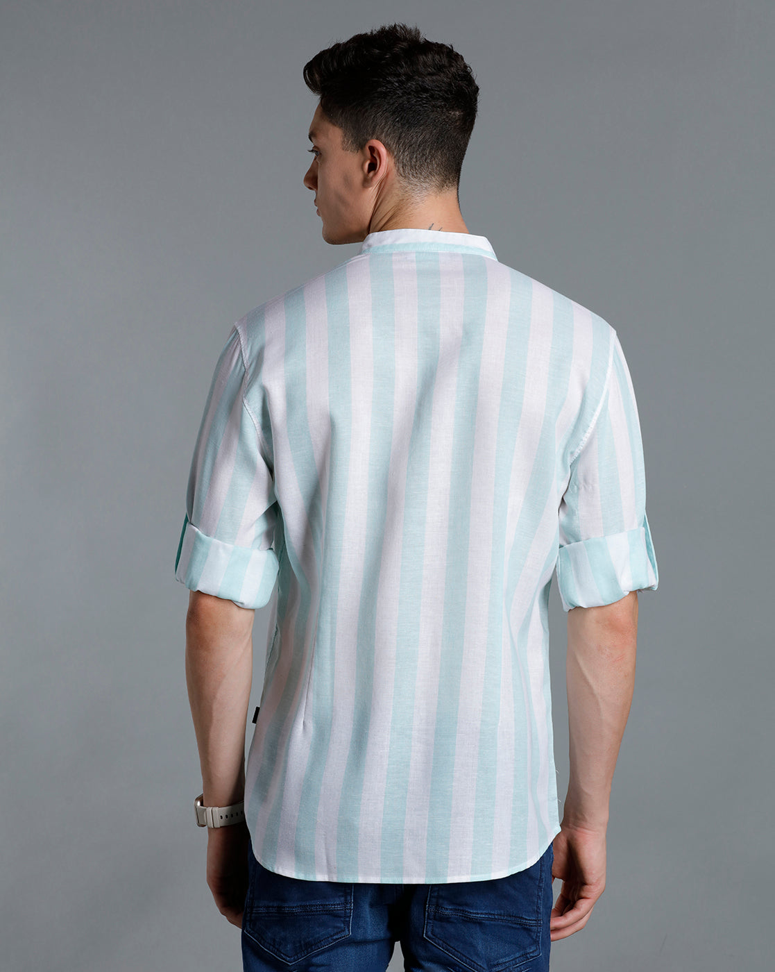 IDENTITI Men Slim Fit Mandarin Collar Striped Shirt In Green