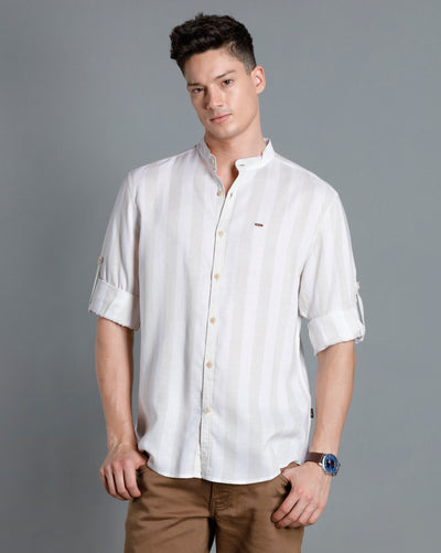 IDENTITI Men Slim Fit Mandarin Collar Striped Shirt In Beige