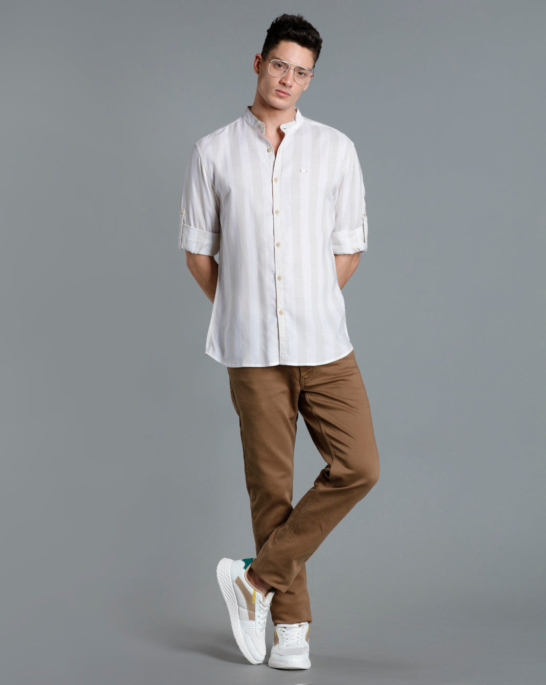 IDENTITI Men Slim Fit Mandarin Collar Striped Shirt In Beige
