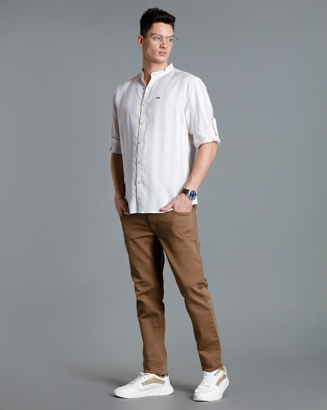 IDENTITI Men Slim Fit Mandarin Collar Striped Shirt In Beige