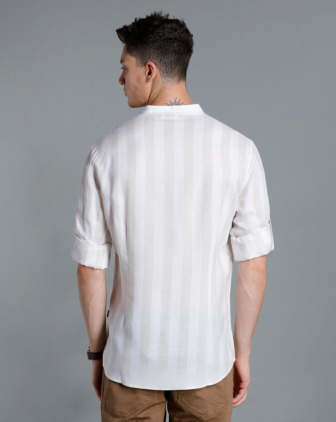 IDENTITI Men Slim Fit Mandarin Collar Striped Shirt In Beige