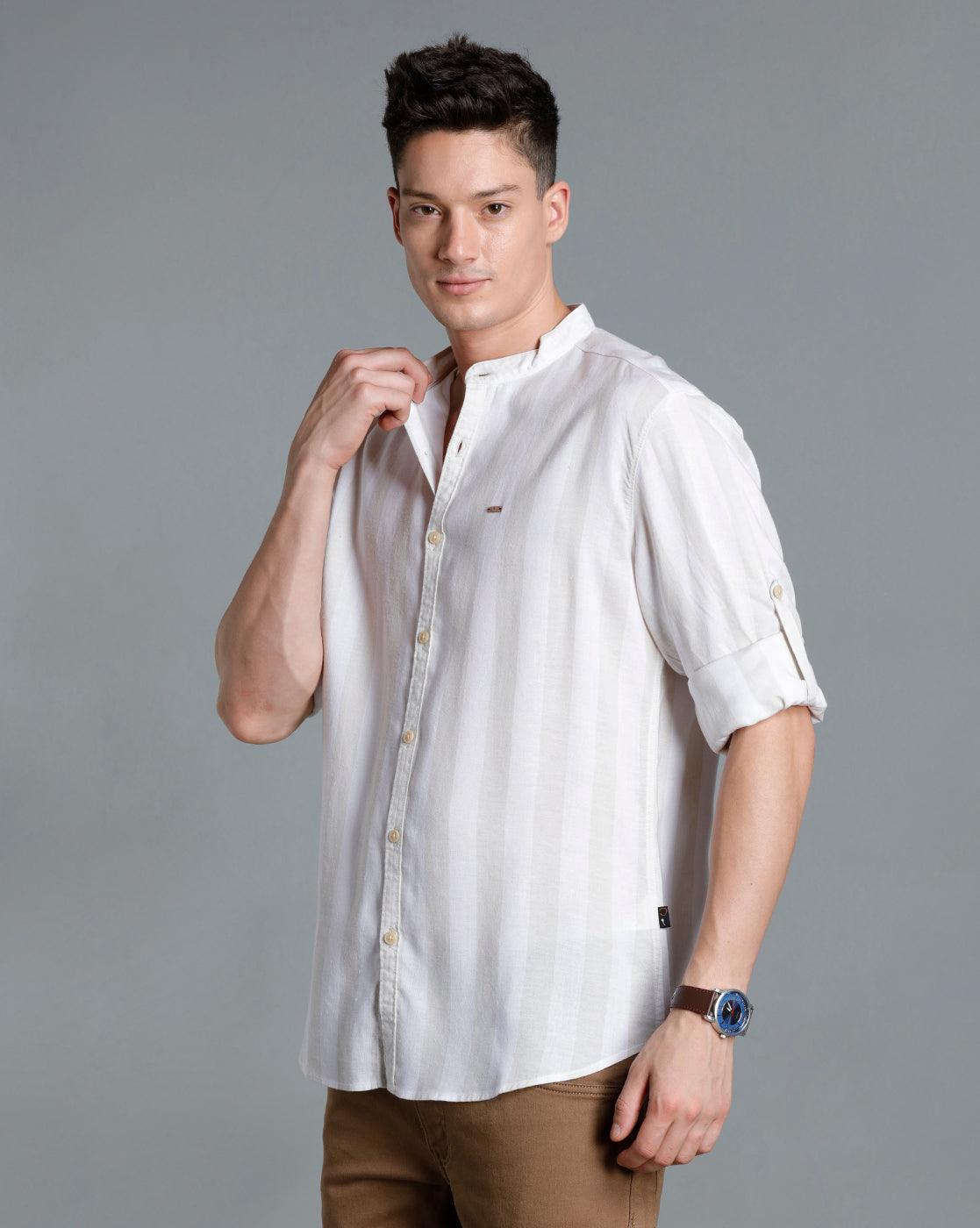 IDENTITI Men Slim Fit Mandarin Collar Striped Shirt In Beige