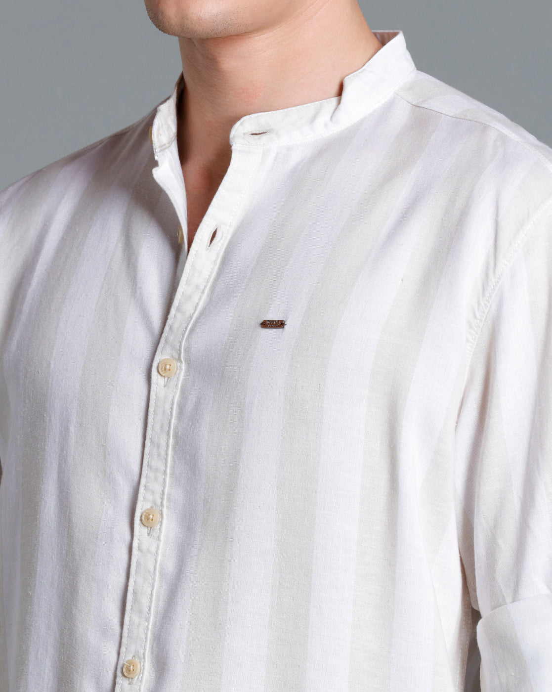 IDENTITI Men Slim Fit Mandarin Collar Striped Shirt In Beige