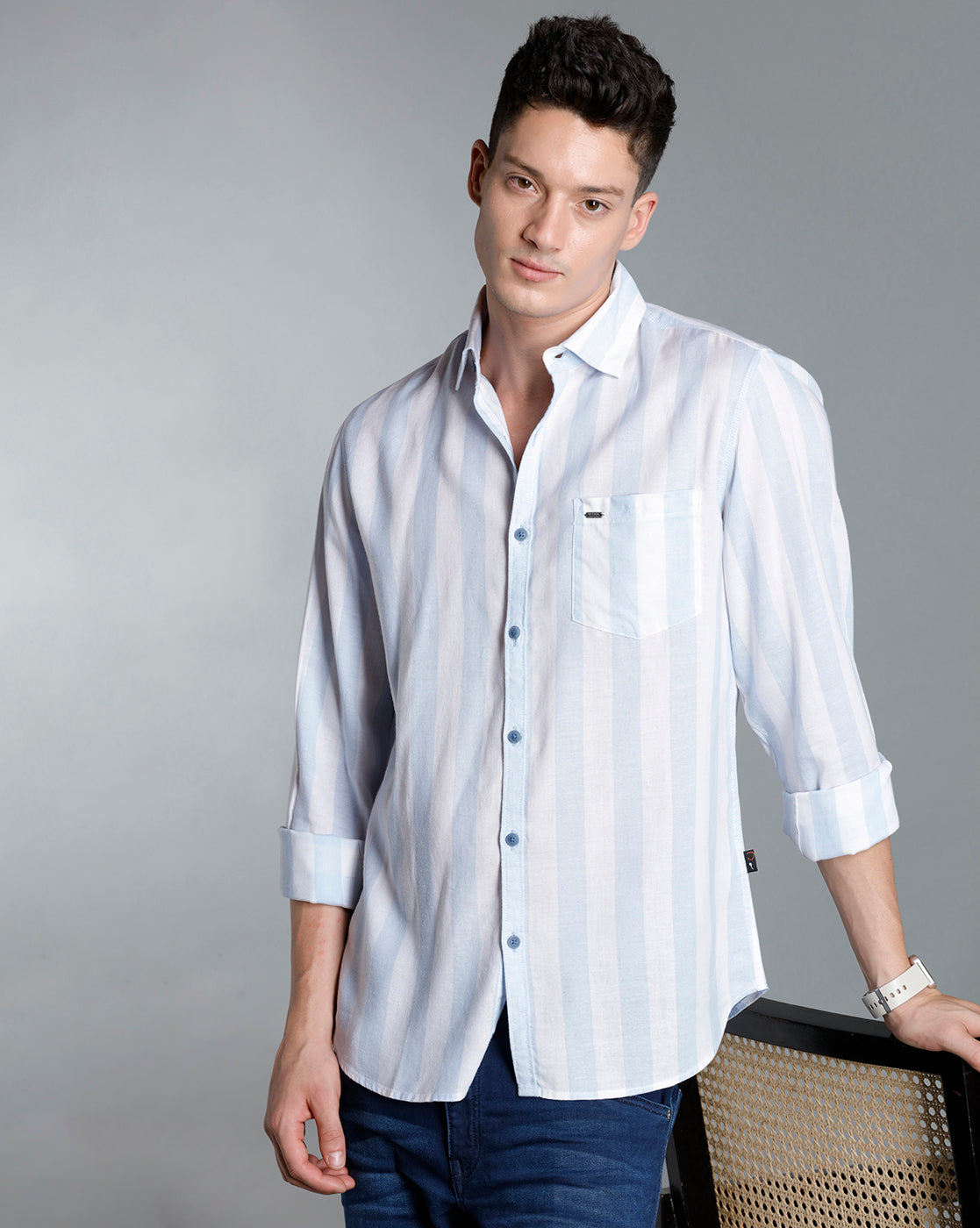 IDENTITI Men Slim Fit Regular Collar Striped Shirt In Blue