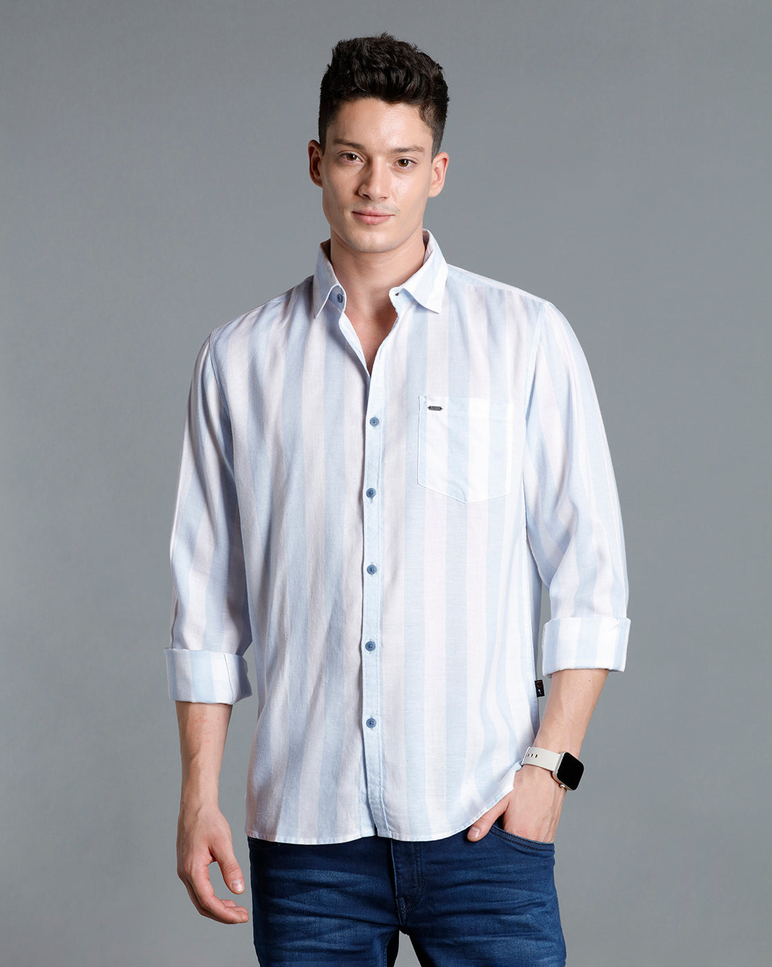 IDENTITI Men Slim Fit Regular Collar Striped Shirt In Blue