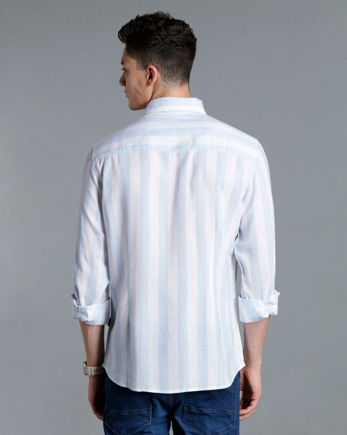 IDENTITI Men Slim Fit Regular Collar Striped Shirt In Blue