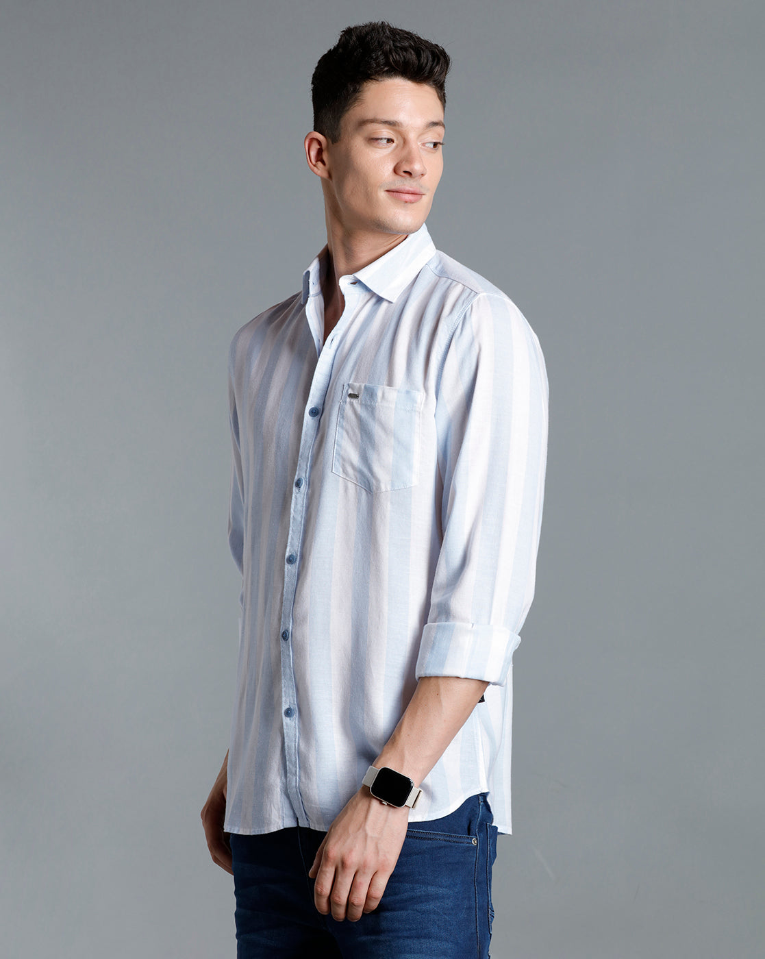 IDENTITI Men Slim Fit Regular Collar Striped Shirt In Blue