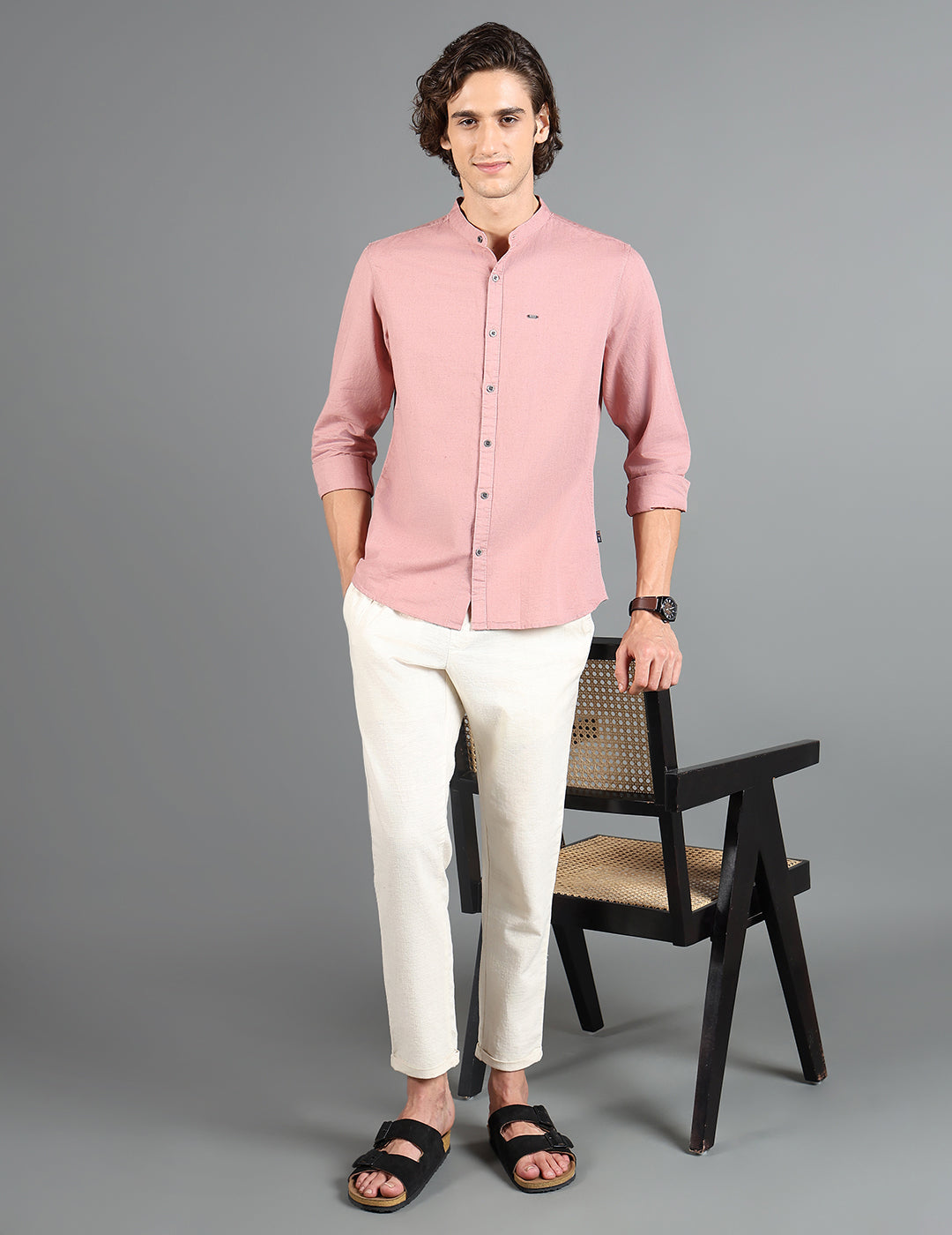 IDENTITI Men Slim Fit Mandarin Collar Solid Shirt In Onion.