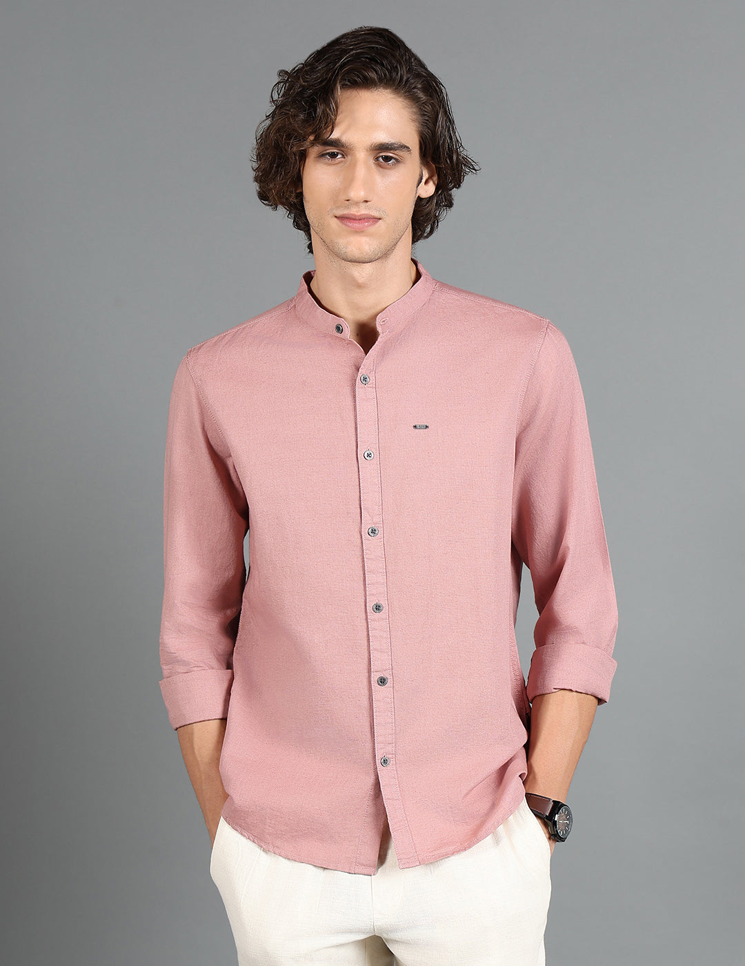IDENTITI Men Slim Fit Mandarin Collar Solid Shirt In Onion.
