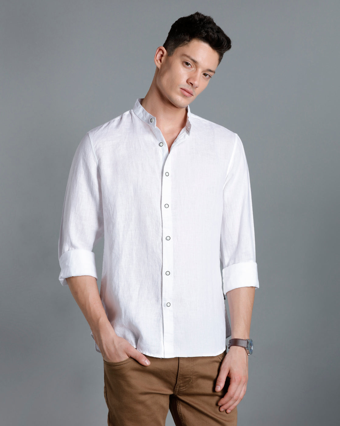 IDENTITI Men Slim Fit Mandarin Collar Solid Shirt In White