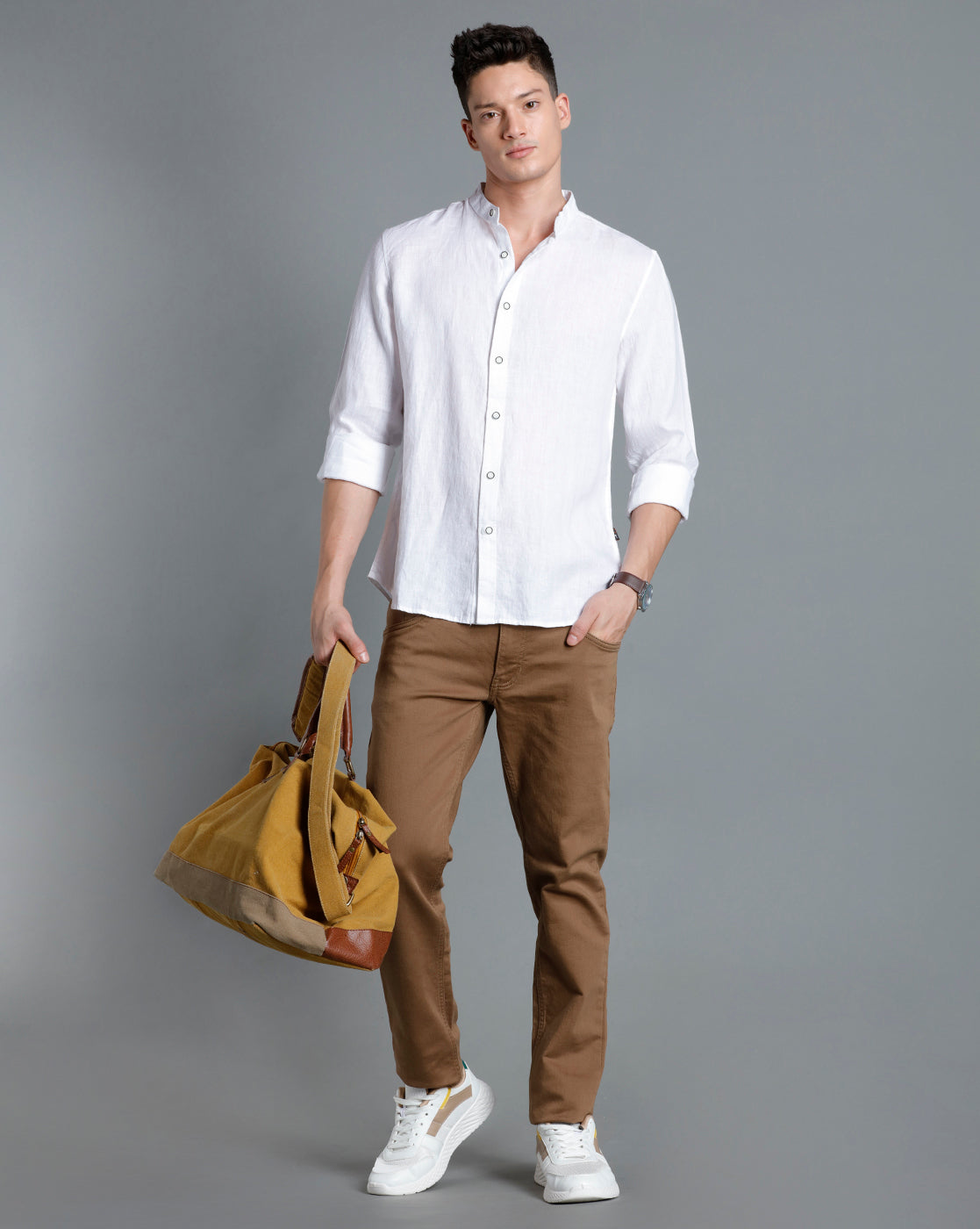 IDENTITI Men Slim Fit Mandarin Collar Solid Shirt In White