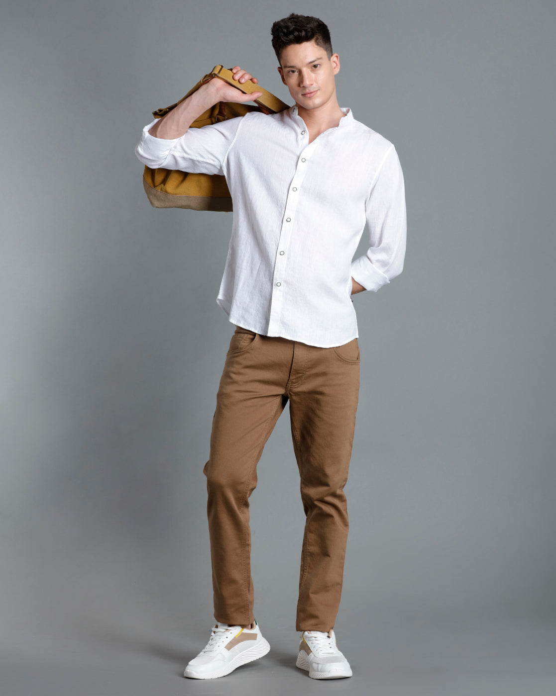 IDENTITI Men Slim Fit Mandarin Collar Solid Shirt In White
