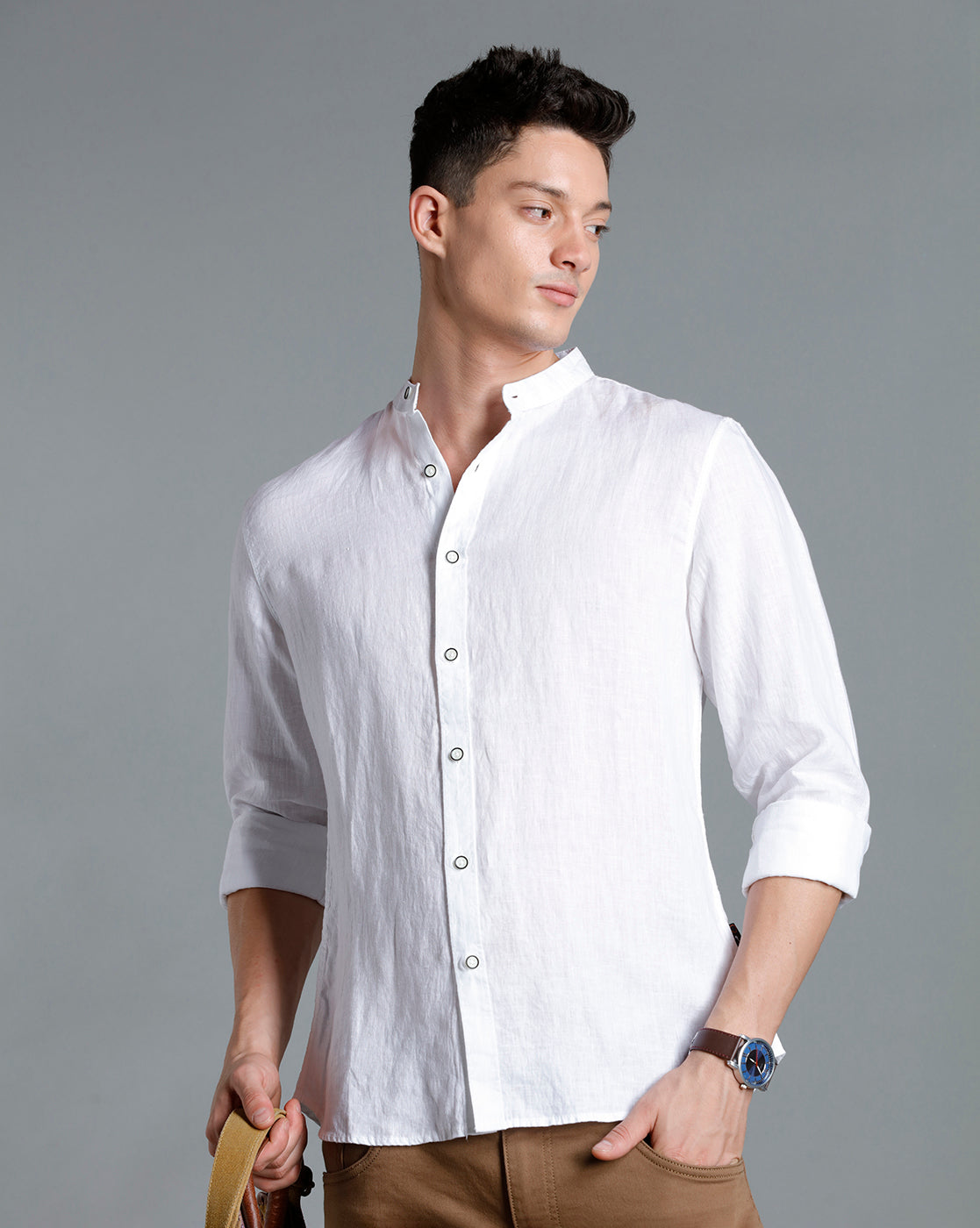 IDENTITI Men Slim Fit Mandarin Collar Solid Shirt In White