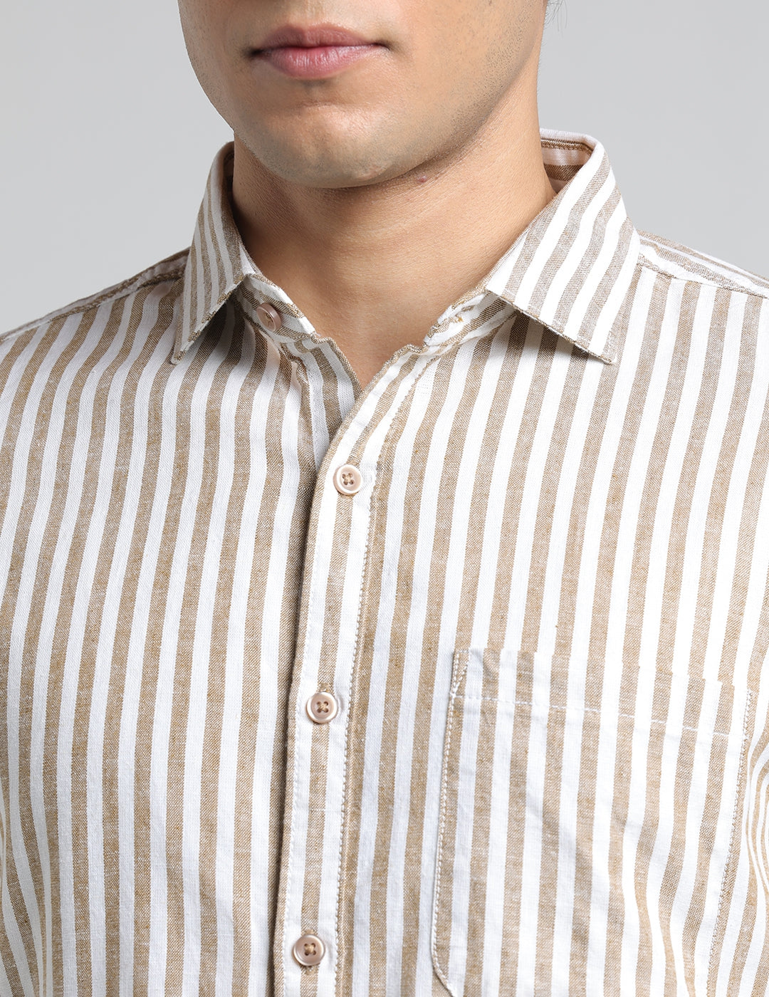 IDENTITI Men Slim Fit Cutaway Collar Striped Shirt In Beige.