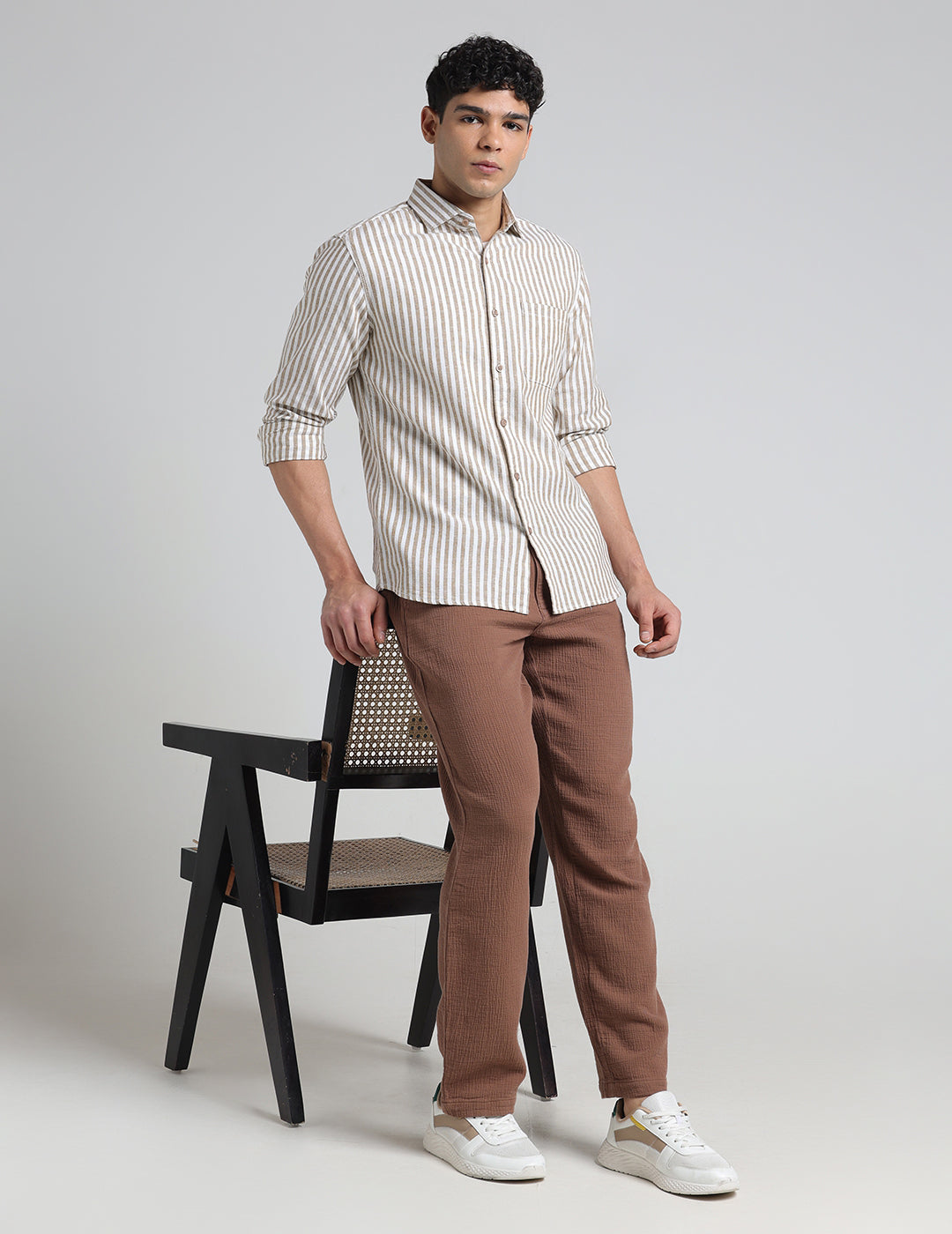 IDENTITI Men Slim Fit Cutaway Collar Striped Shirt In Beige.