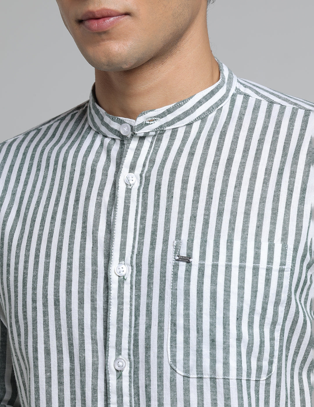 IDENTITI Men Slim Fit Mandarin Collar Striped Shirt In Green.