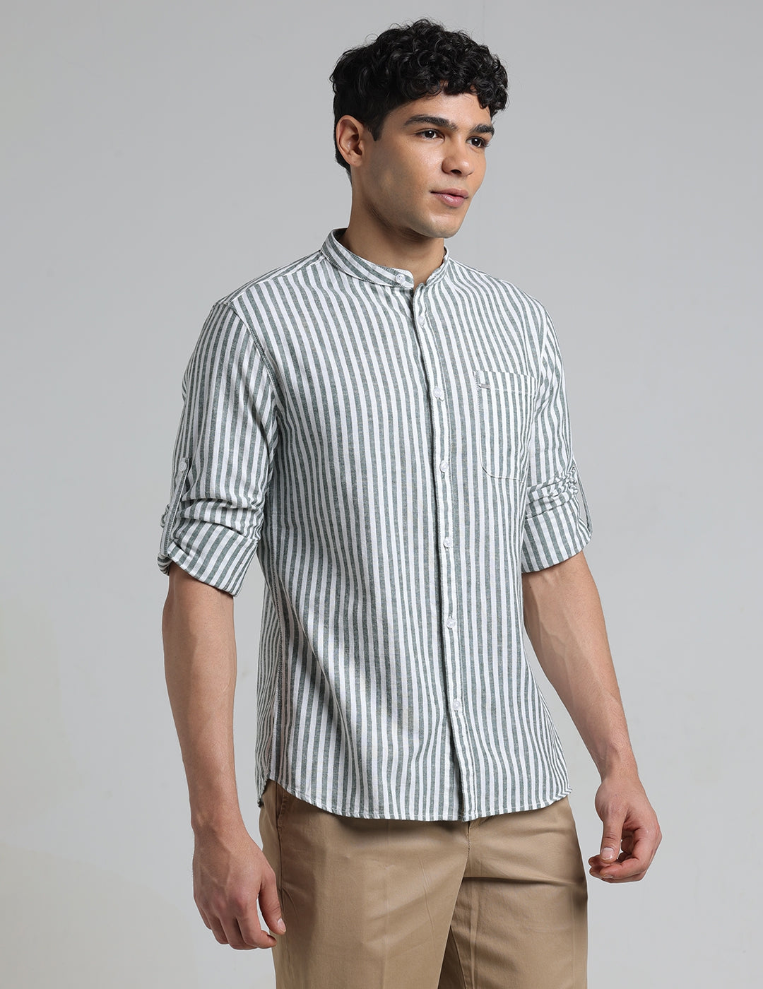 IDENTITI Men Slim Fit Mandarin Collar Striped Shirt In Green.